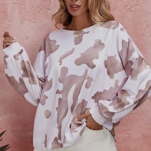 Brown Cow Print Drop Sleeve Sweatshirt